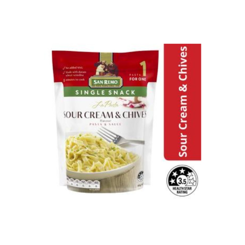 산 리모 사워 크림 &amp; 차이브스 플레이버 파스타 &amp; 소스 싱글 스낵 80g, San Remo Sour Cream &amp; Chives Flavour Pasta &amp; Sauce Single Snack 80g