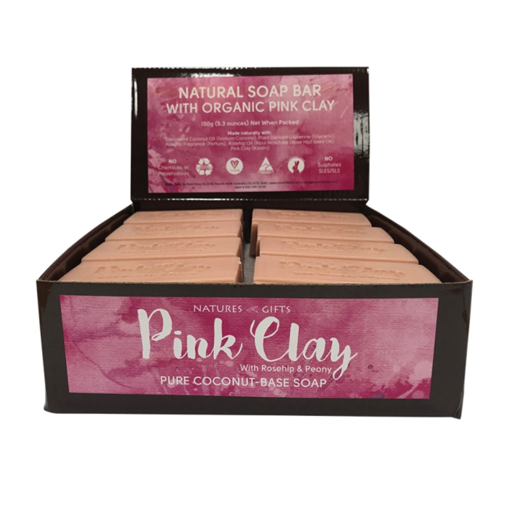 클로버 필드 네이처스 Gifts 핑크 클레이 윗 로즈힙 and 피오니 비누 150g x디스플레이, Clover Fields Natures Gifts Pink Clay with Rosehip and Peony Soap 150g x 16 Display