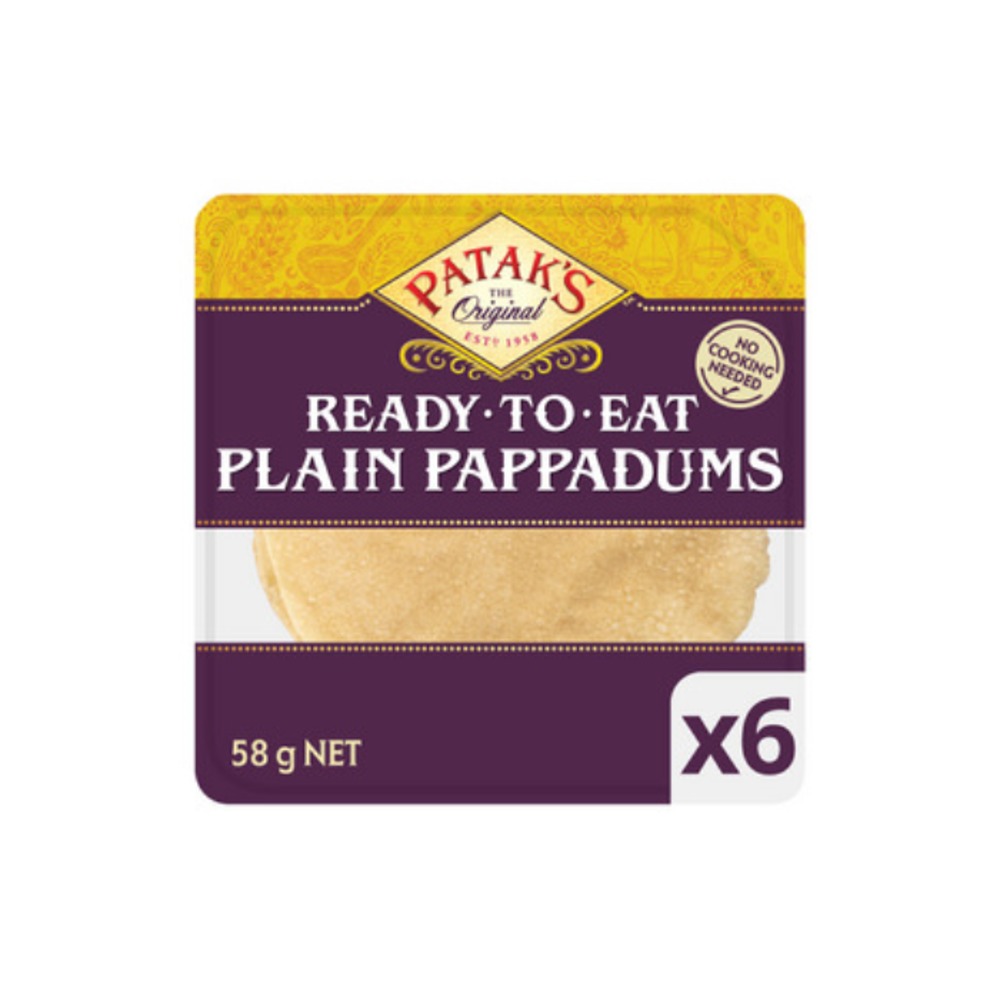 파탁스 레디 투 잇 플레인 파파덤스 6 피스 58g, Pataks Ready To Eat Plain Pappadums 6 Pieces 58g