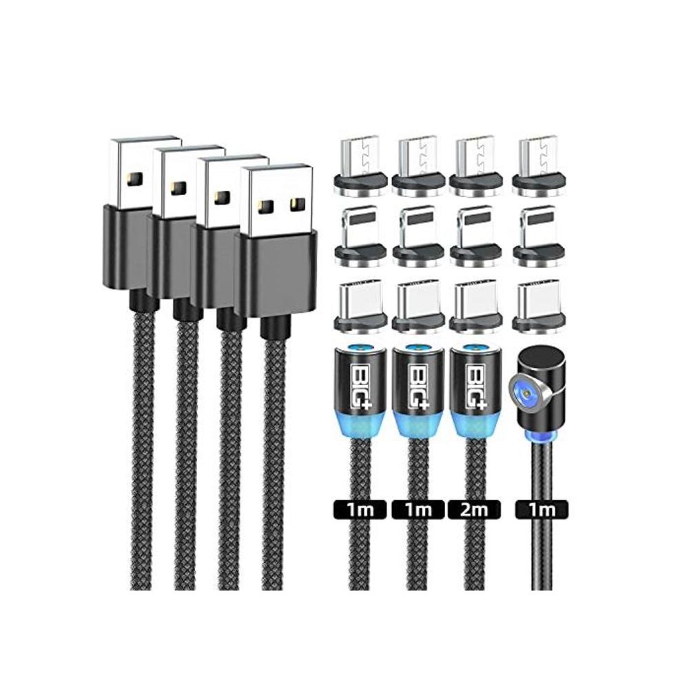 BIG+ Magnetic Charging Cable, (4 Pack - 3x1M, 1x2Mt), Magnetic Phone Charger Cable, Magnetic Charger, Nylon Braided Cord, Compatible for charging Android, Micro USB, Type C &amp; i-Pro B086DW93D3