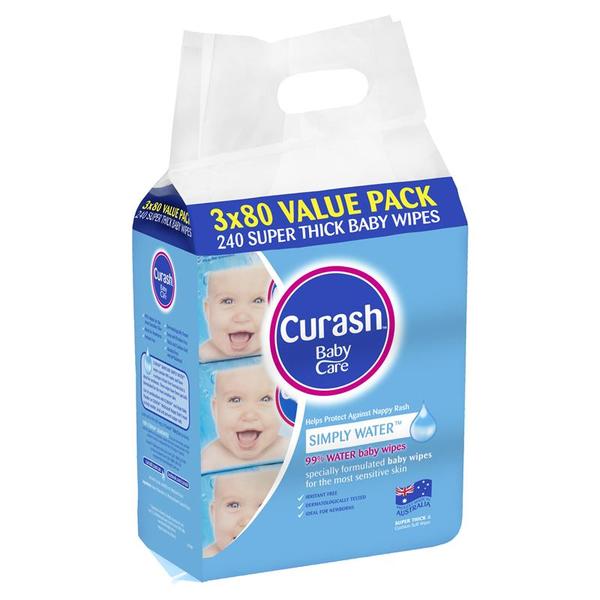 큐래쉬 베이비케어 심플리 워터 와이프 3 x 80 Curash Babycare Simply Water Wipes 3 x 80