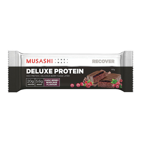 무사시 딜럭스 프로틴 발 초코 베리 머드케이크 60g Musashi Deluxe Protein Bar Choc Berry Mudcake 60g