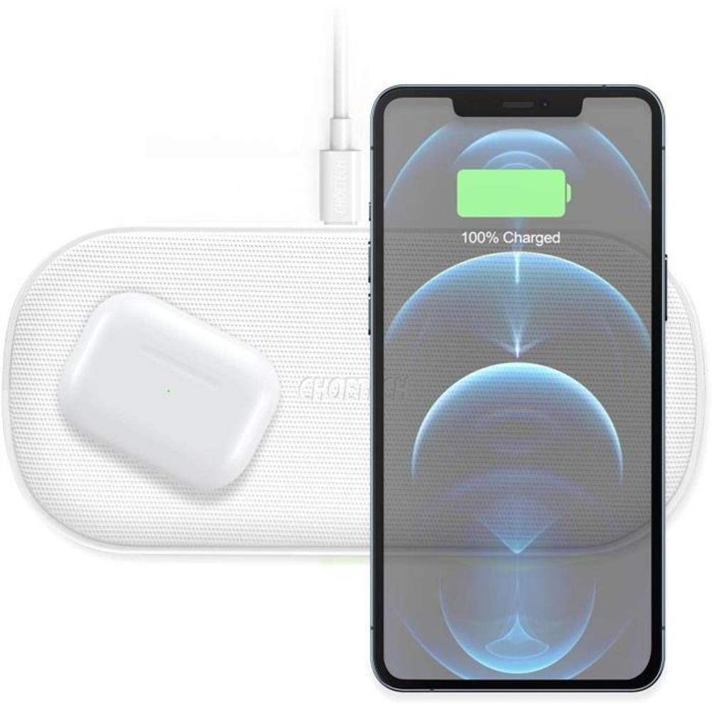 CHOETECH Dual Wireless Charger, 5 Coils 10W Max Compatible with iPhone 12 Pro Max/12 Mini/SE 2020/11 Pro Max/XR/XS Max/X/8 Plus/Samsung S21/S20/Note 20/Pixel 5/AirPods/2, Fast Wire B07P8L3FRQ