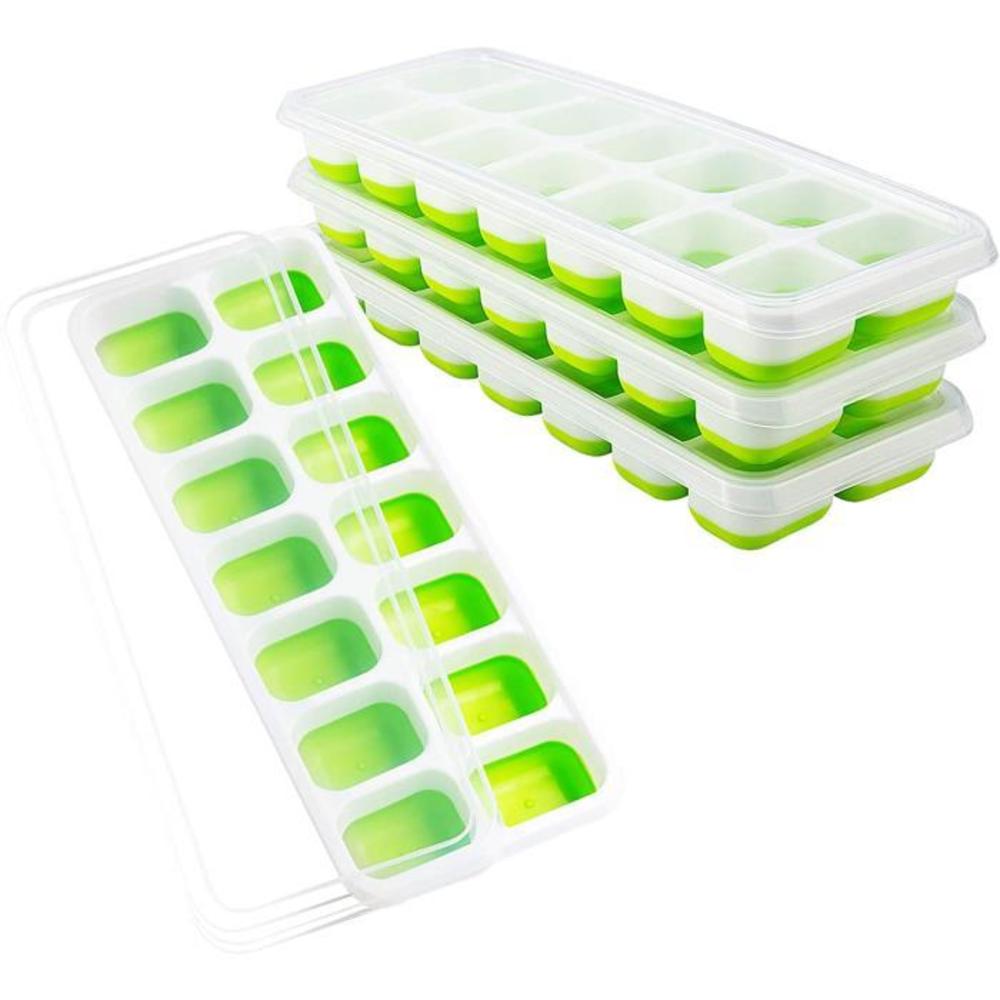 OMORC Cube, Easy-Release Silicone and Flexible 14-Ice Trays with Spill-Resistant Removable Lid, LFGB Certified &amp; BPA Free, Stackable, 5.Green 2 Pack B07SQ4JGV2