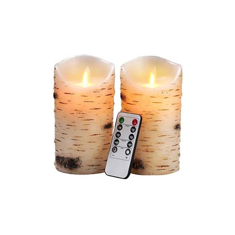 Flameless Candles LED Candles Birch Bark Effect Set of 2 (D:3.25 X H:6) Ivory Real Wax Pillar Battery Operated Candles with Dancing LED Flame 10-Key Remote and Cycling 24 Hours Tim B085XDPNM2