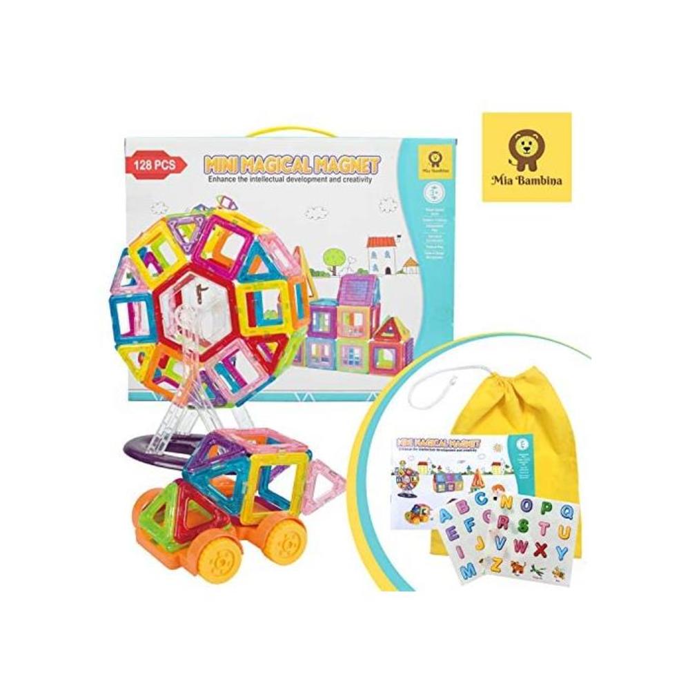Mia Bambina 128 PCS Mini Magical Magnet I Magnetic Building Blocks Colourful 3D Magnetic Tiles with Wheels Educational STEM Learning Toy Develops Creativity, Fine Motor Skill B08BTG4HYY