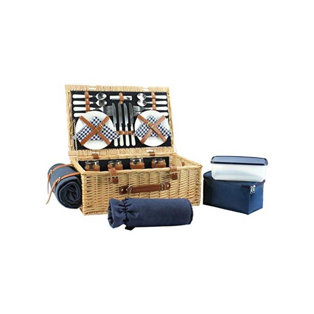Large Willow Picnic Basket with Deluxe Service Set for 4 Persons, Natural Wicker Picnic Hamper with Food Cooler, Wine Cooler, Free Fleece Blanket and Tableware - Best Father Mother B07F41G99N