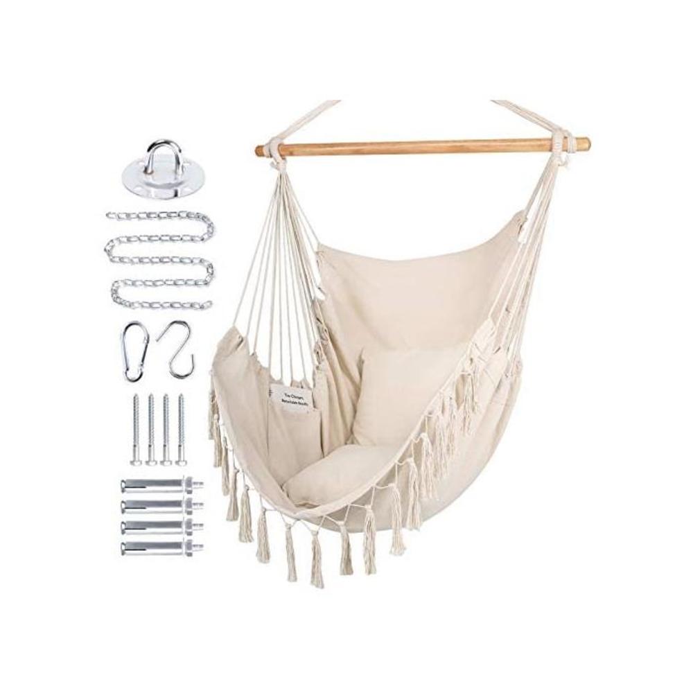 WBHome Extra Large Hammock Chair Swing with Hardware Kit, Hanging Macrame Chair Cotton Canvas, Include Carry Bag &amp; Two Soft Seat Cushions, for Bedroom Indoor Outdoor, Max. Weight 3 B083J6XBXH