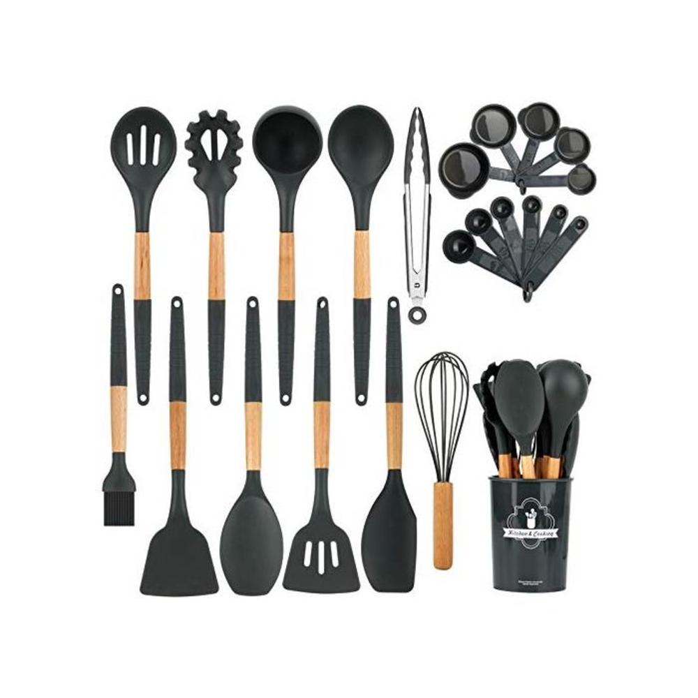 Apsung 22PCS Silicone Cooking Kitchen Utensils Set with Holder, Wooden Handles BPA Free Non Toxic Silicone Turner Tongs Spatula Spoon Kitchen Gadgets Utensil Set for Nonstick Cookw B08DHMZH64