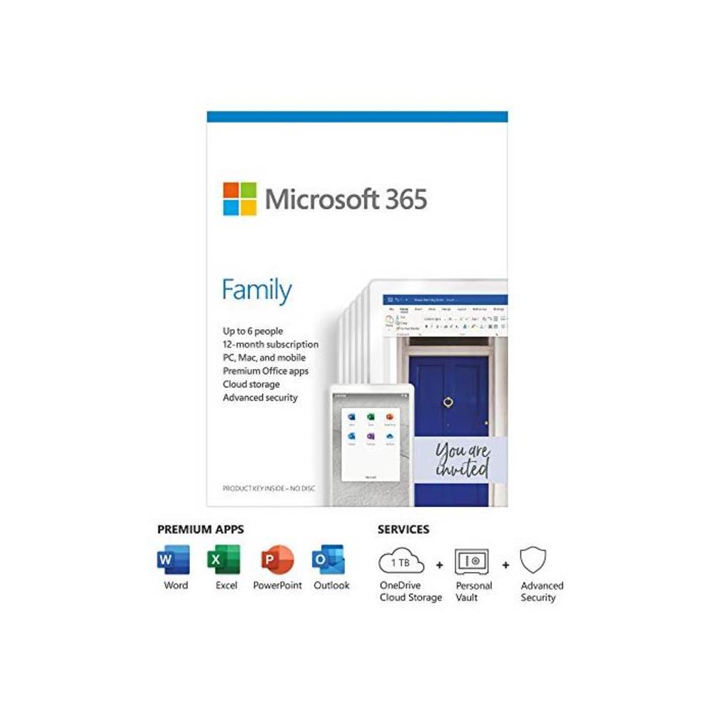 Microsoft 365 Family Office 365 apps up to 6 users 1 year subscription Multiple PCs/Macs, Tablets and Phones multilingual Box B0853F63RQ