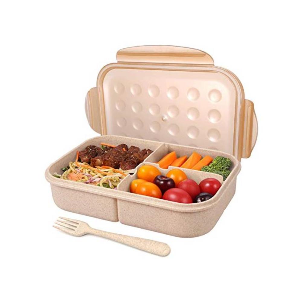 Bento Box for Adults Lunch Containers with 3 Compartment Lunch Box Food Containers Leak Proof Microwave Safe(Flatware Included, Champagne) B07DLC22SX