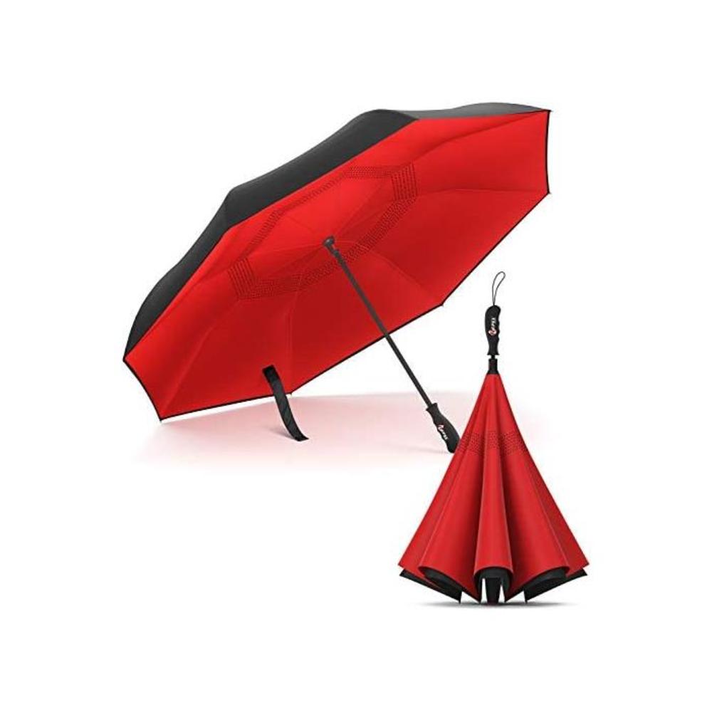 Repel Umbrella Reverse Folding Inverted Umbrella with 2 Layered Teflon Canopy and Reinforced Fiberglass Ribs, Golf Umbrella (Red) B07CK162WM