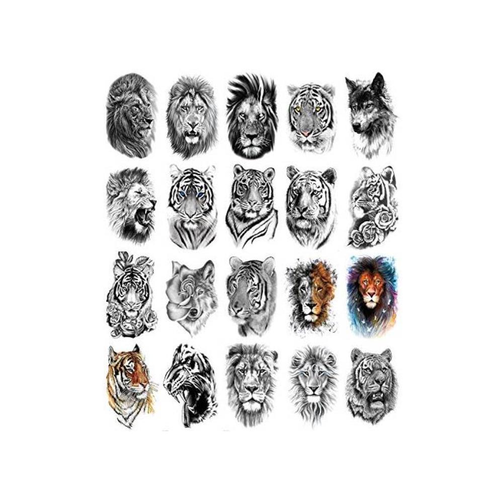 Lion Tiger Wolf Half Arm Sleeve Temporary Tattoo Sticker For Men L8.3xW5.9(20Sheets) B08VHM2TT4