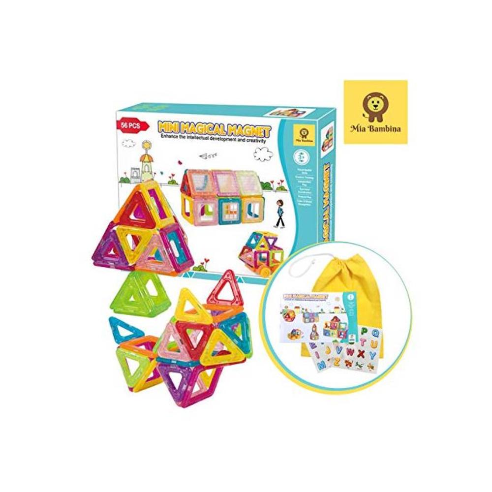 Mia Bambina 56 PCS Mini Magical Magnet I Magnetic Building Blocks Colourful 3D Magnetic Tiles with Wheels Educational STEM Learning Toy Develops Creativity, Fine Motor Skills B088H6T3XR
