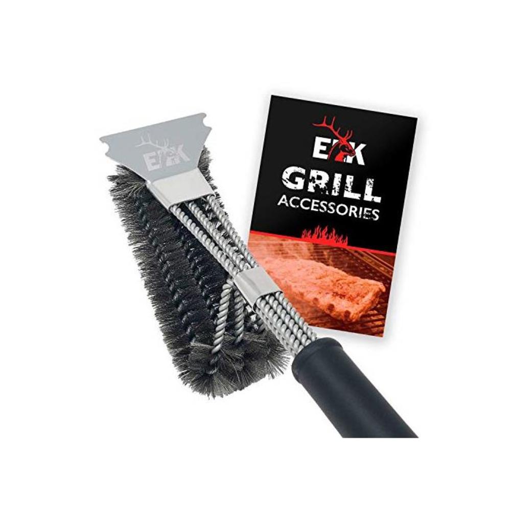 ELK Grill Brush and Scraper BBQ Brush Set, Safe 17 Stainless Steel Woven Wire 3 in 1 Bristle Grill Cleaning Brush for Weber and All Gas/Charcoal Grilling Grates - BBQ Tools and Gri B07RQDGTSD