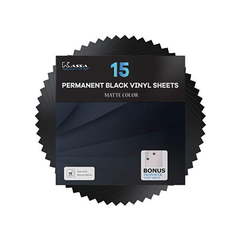 Kassa Permanent Black Vinyl Sheets (15 Pack, 12” x 12”) - Includes Bonus Transfer Tape - Self Adhesive Craft Outdoor Vinyl Bundle for Cutting Machines B08PP5MSVG