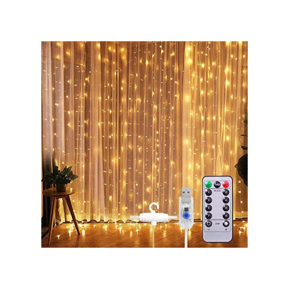 Curtian String Lights, HWZX 300 LED Window Curtain String Light with Remote Control Timer for Christmas Wedding Party Home Garden Bedroom Outdoor Indoor Decoration (Warm White) B08L4BT94X