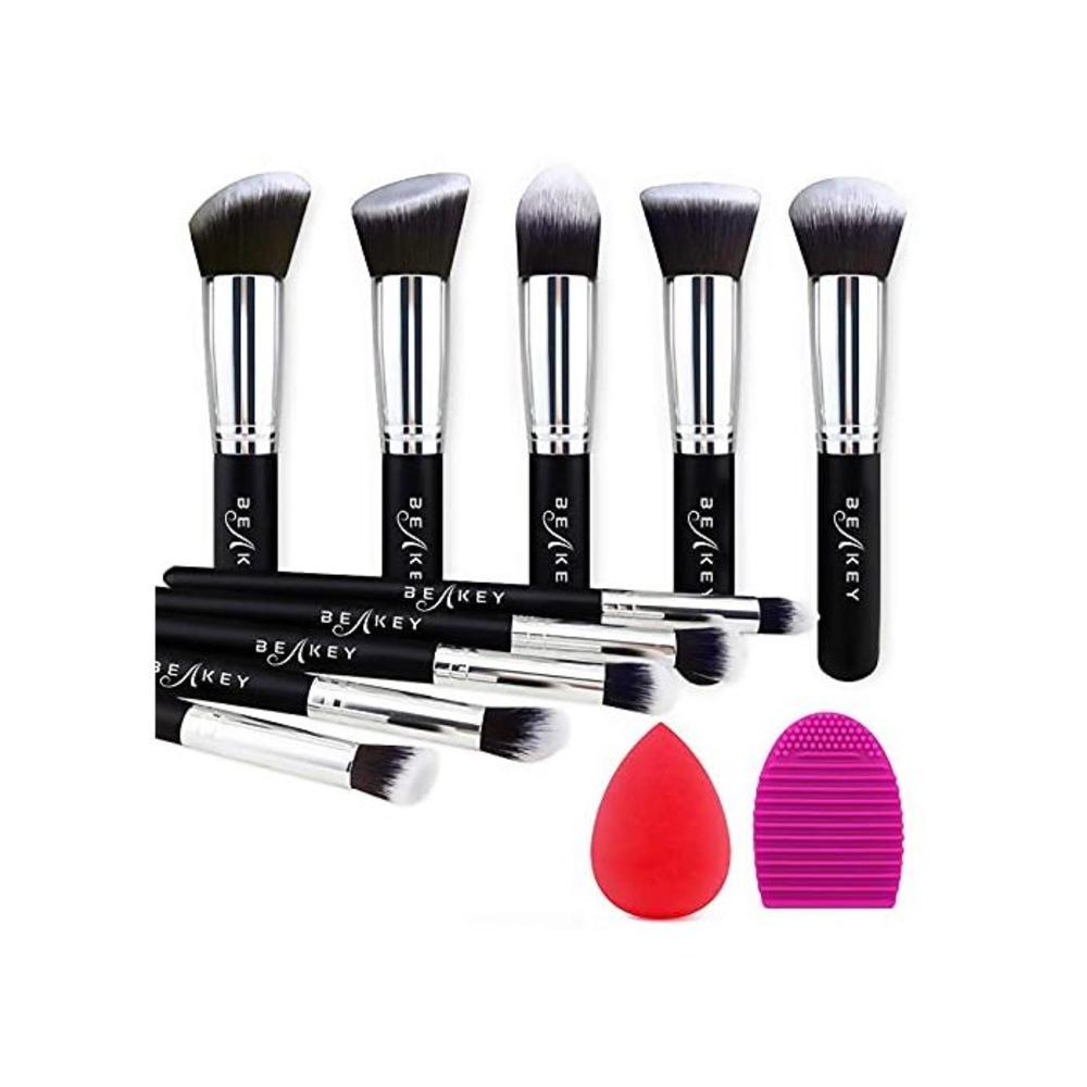 BEAKEY Makeup Brush Set Premium Synthetic Kabuki Foundation Face Powder Blush Eyeshadow Brushes Makeup Brush Kit with Blender Sponge and Brush Egg (10+2pcs,Black/Silver) B01F36JBDM