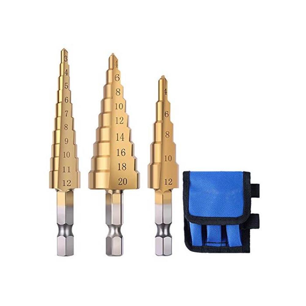 H HOME-MART 3 Piece Drill Bit Set,Titanium Coated HSS Step Cone Drill Bits+ Blue Nylon Pouch / 3-12mm 4-12mm 4-20mm /HSS Hex Shank Metal Multiple Hole Step Drill Bit Kit for Woodwo B08B667YVR