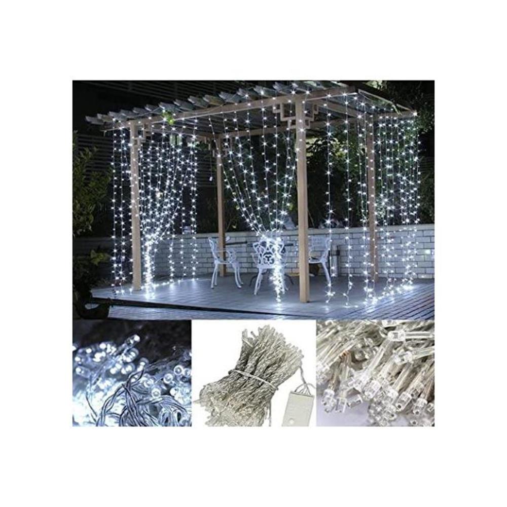 LED Curtain Lights, USB &amp; Battery Powered LED Icicle Lights, 300 LEDs, 9.8ft x 9.8ft with 8 Modes Remote Controller for Holiday, Party, Outdoor Wall, Wedding Decorations (White) B07DK8G6TW