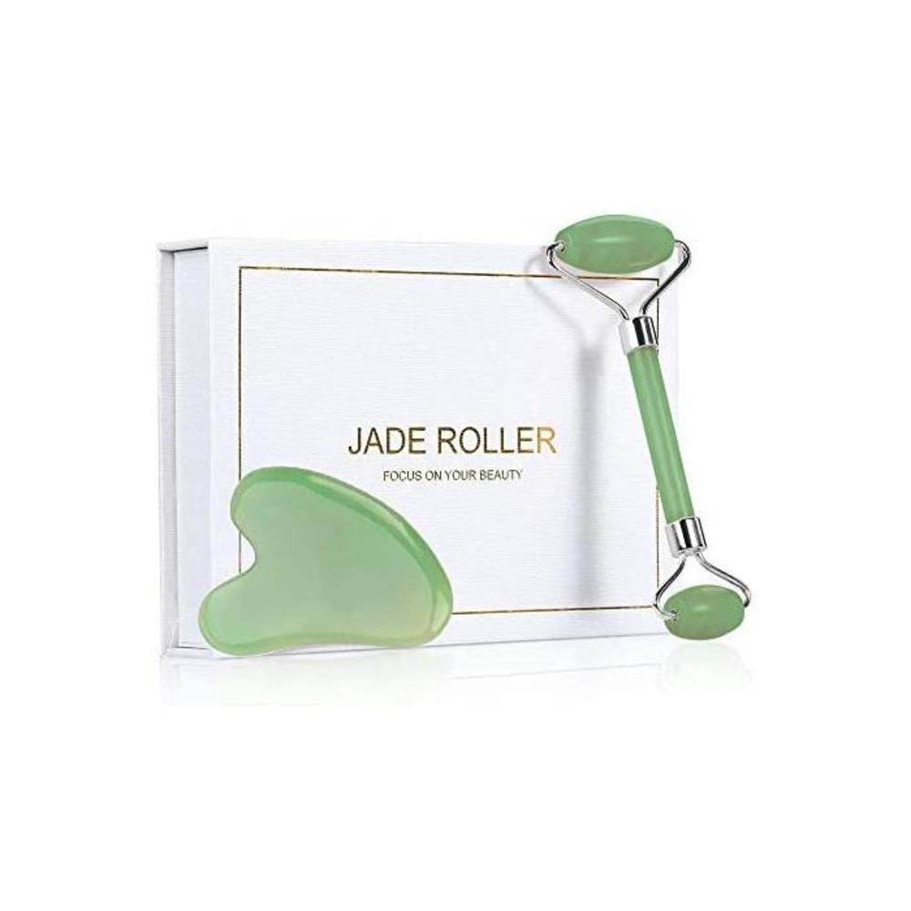Jade Roller for Face and Gua Sha Scraping Massager Set - 100% Natural Rose Quartz Facial Roller for Eye Neck Skin Anti Aging Healing Slimming Tool（Green） B083HY6KMM