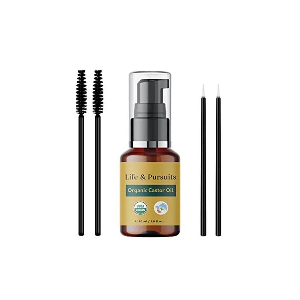 Organic Castor Oil (30 ml) for Eyebrows and Eyelashes, USDA Certified, 100% Cold-pressed Life &amp; Pursuits Castor Oil for Hair Growth with 2 set of Eyebrows &amp; Eyelashes Brushes B099PW5155