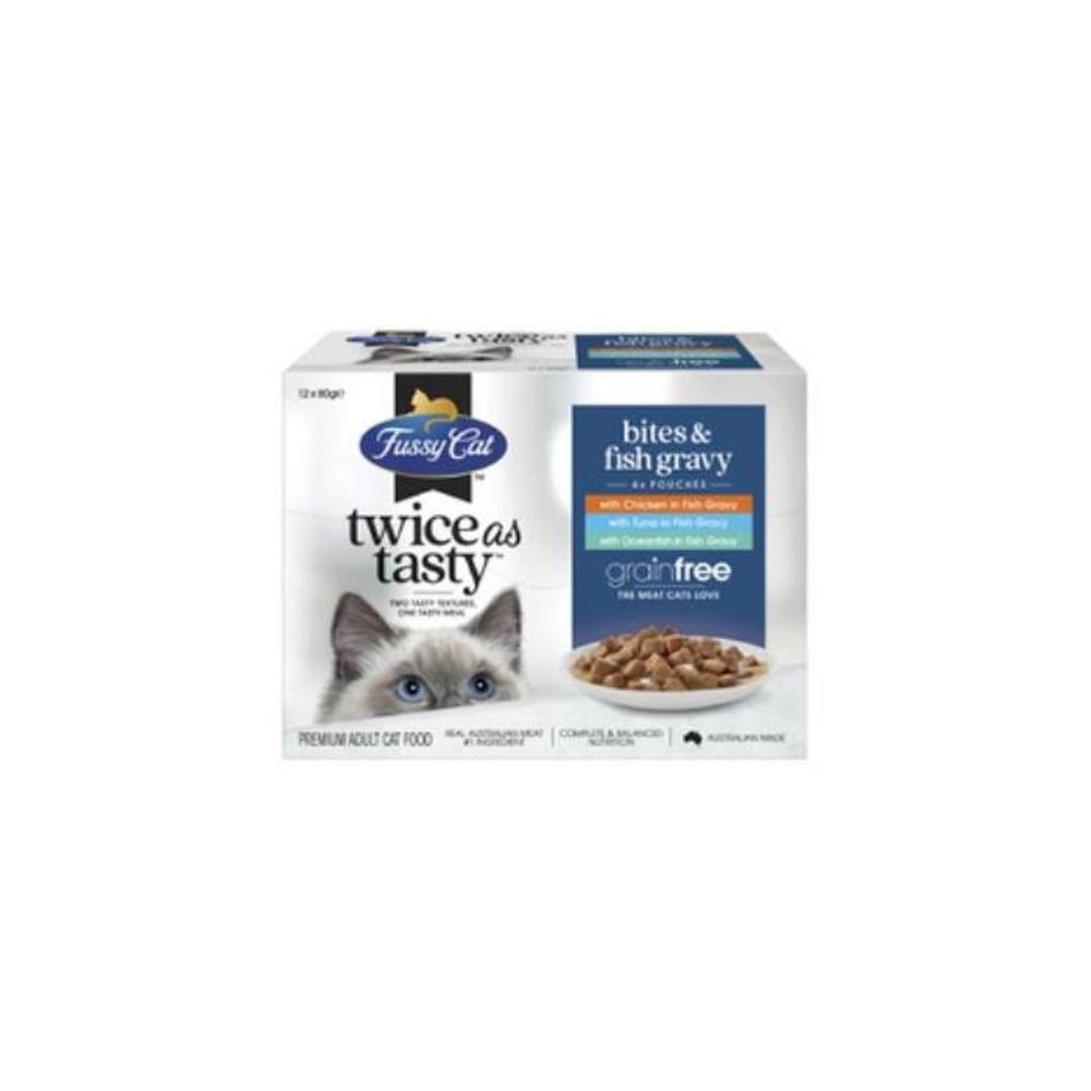 Fussy Cat Grain Free Twice as Tasty Adult Wet Cat Food Bites &amp; Fish Gravy 12x80gm 12 pack 4263067P