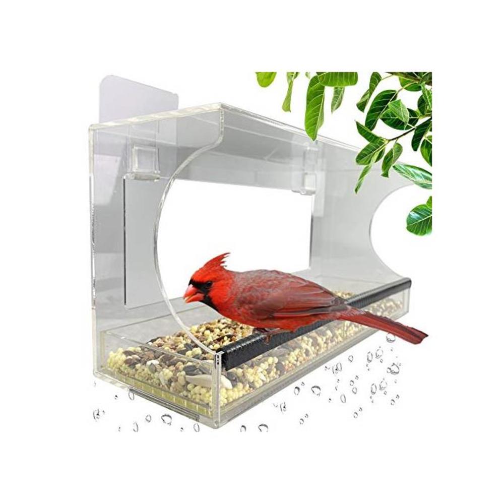 Window Bird Feeders with Removable Feed Tray for Outside, Never Falling Off, Extra Large Outside Bird Feeder for Wild Birds, Hanging Birdhouse Kit, Drain Holes, Super Strong Hooks B08BLMFT56