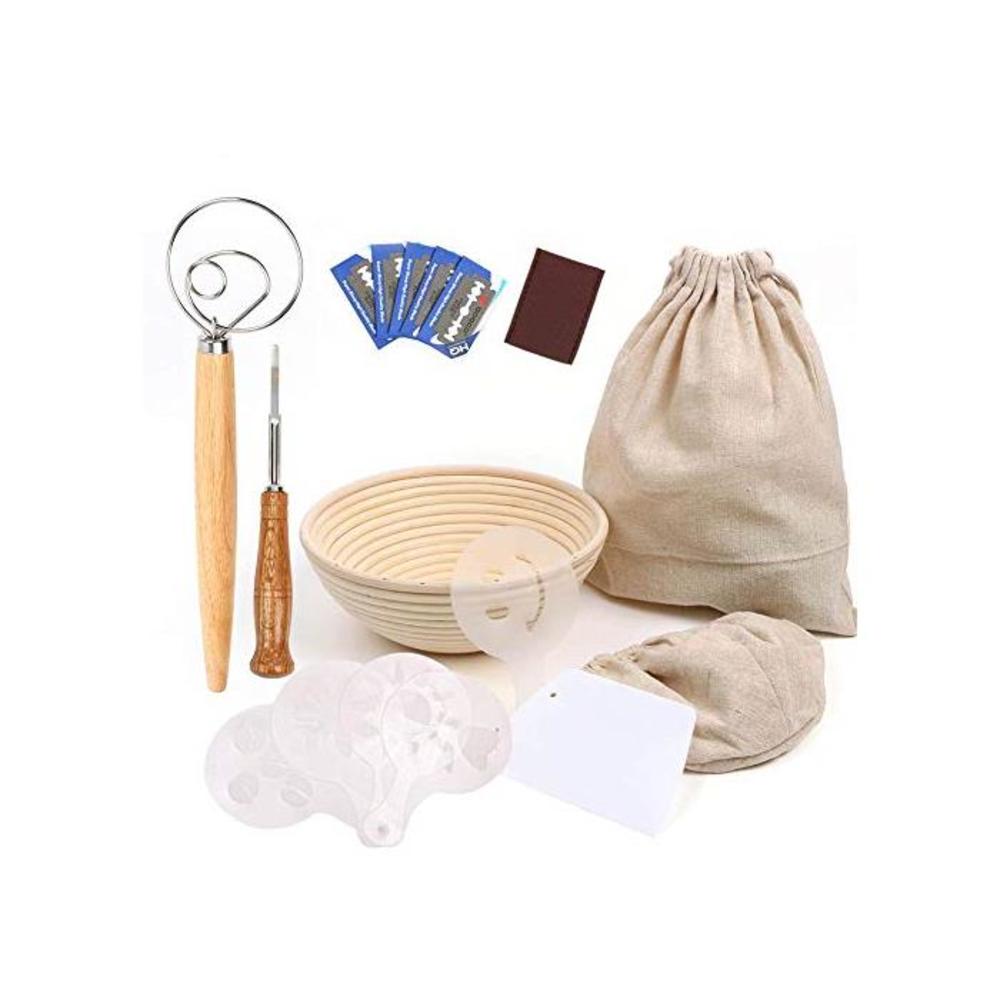 9 Inch Bread Proofing Basket, Professional Baking Tool 7 Pack Set Includes Banneton Proofing Basket,Cloth Liner,Bread Bag,Scoring Lame,Whisk,Scraper,Stencils for Professional and H B07T1RCCVK