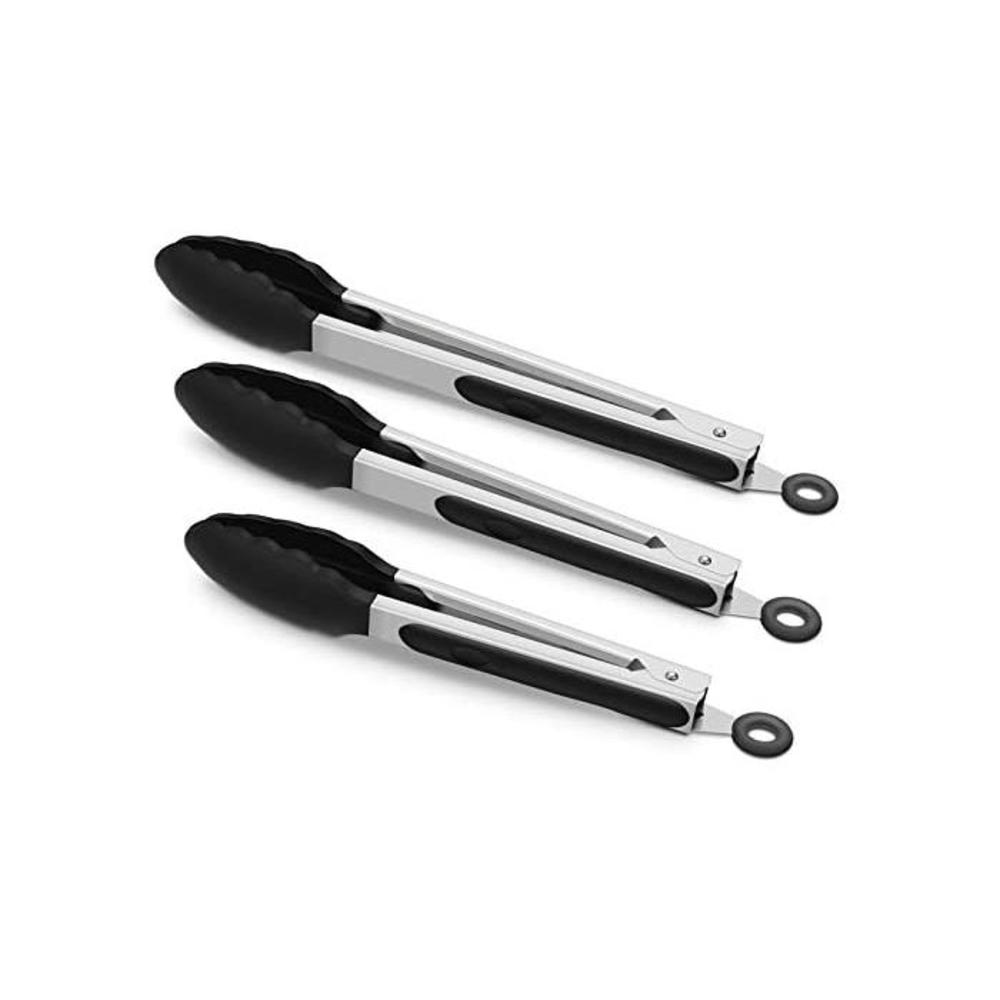 3 Pack Black Kitchen Tongs, Premium Silicone BPA Free Non-Stick Stainless Steel BBQ Cooking Grilling Locking Food Tongs, 9-Inch 10-Inch &amp; 12-Inch B07Q349B24