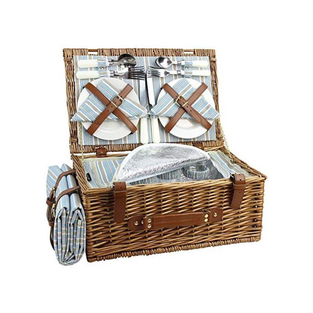 HappyPicnic Wicker Picnic Basket Set for 4 Persons Large Willow Hamper with Large Insulated Cooler Compartment, Free Waterproof Blanket and Cutlery Service Kit-Classical Brown B07F3XXDYM