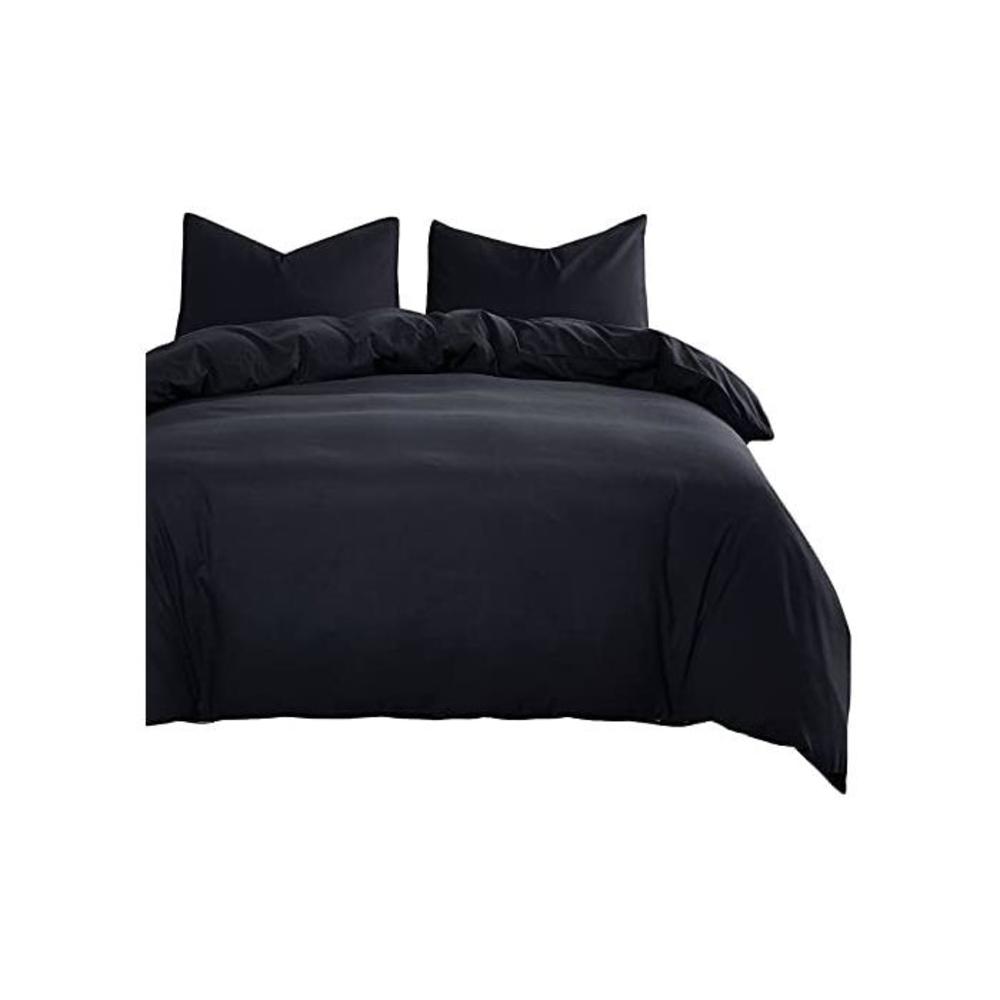 Black Quilt Cover Set - by Wake In Cloud, 1000TC Ultra Soft Microfiber Doona Cover Bedding Set in Solid Plain Colour (3pcs, Double Size) B08ZKZK891