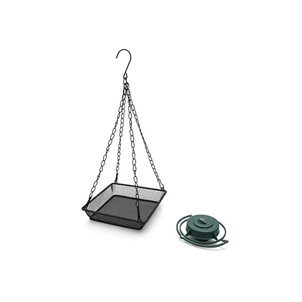 Ivymore Square Hanging Bird Feeder with 4 Chains and Hook - Heavy Duty Lightweight Black Coated Metal Wire Mesh Tray Dish for Wild Bird Seed Feeding - Complete with Plastic Soda Bo B095XDTQLN