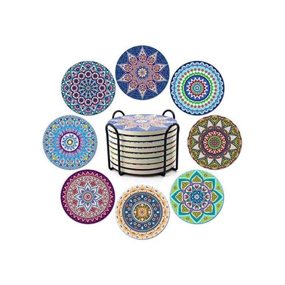 Coasters for Drinks,Absorbent Ceramic Stone with Cork Backing Mandala Style Coaster, Suitable for Kinds of Cups and Mugs,Protect Your Furniture from Spills Scratches Water Rings an B07GTQ87P7