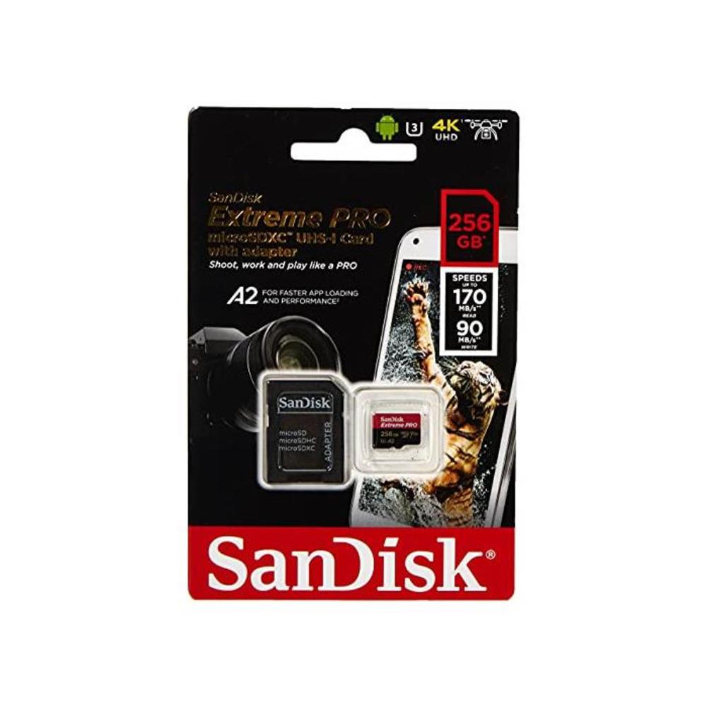 Sandisk Extreme Pro microSDXC, SQXCZ 256GB, V30, U3, C10, A2, UHS-I, 170MB/s R, 90MB/s W, 4x6, SD adaptor, Lifetime Limited, Red/black (SDSQXCZ-256G-GN) B07G3JCG8Z