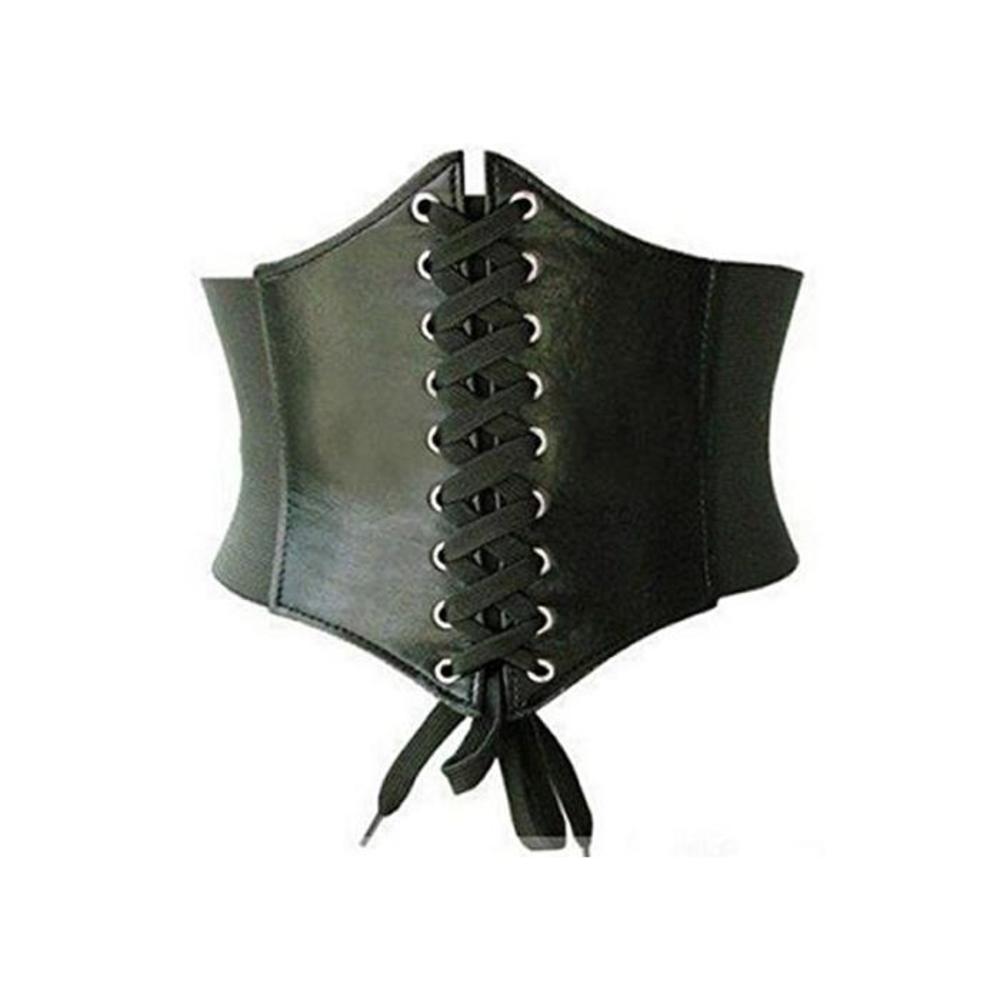Waist Cincher Corset Black Wide Band Elastic Tied Waspie Belt Leather Soft B07BDGWJJH