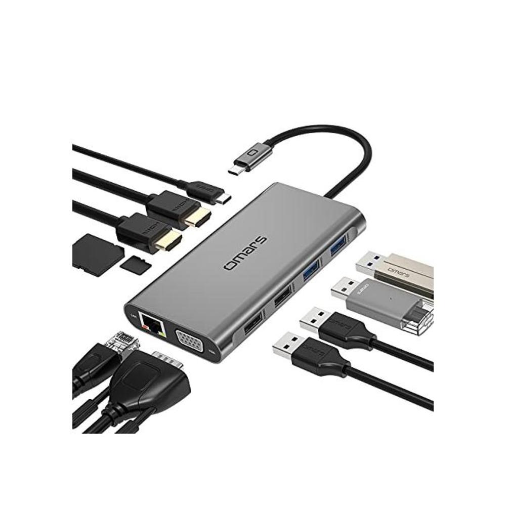 USB C Docking Station Triple Display, Omars 11 in 1 Dual Monitor Adapter with Dual 4K HDMI, VGA, Gigabit Ethernet, 4 USB Ports, 100W PD, SD/TF Card Reader, USB-C Hub MacBook Pro, W B07QJFWQJT