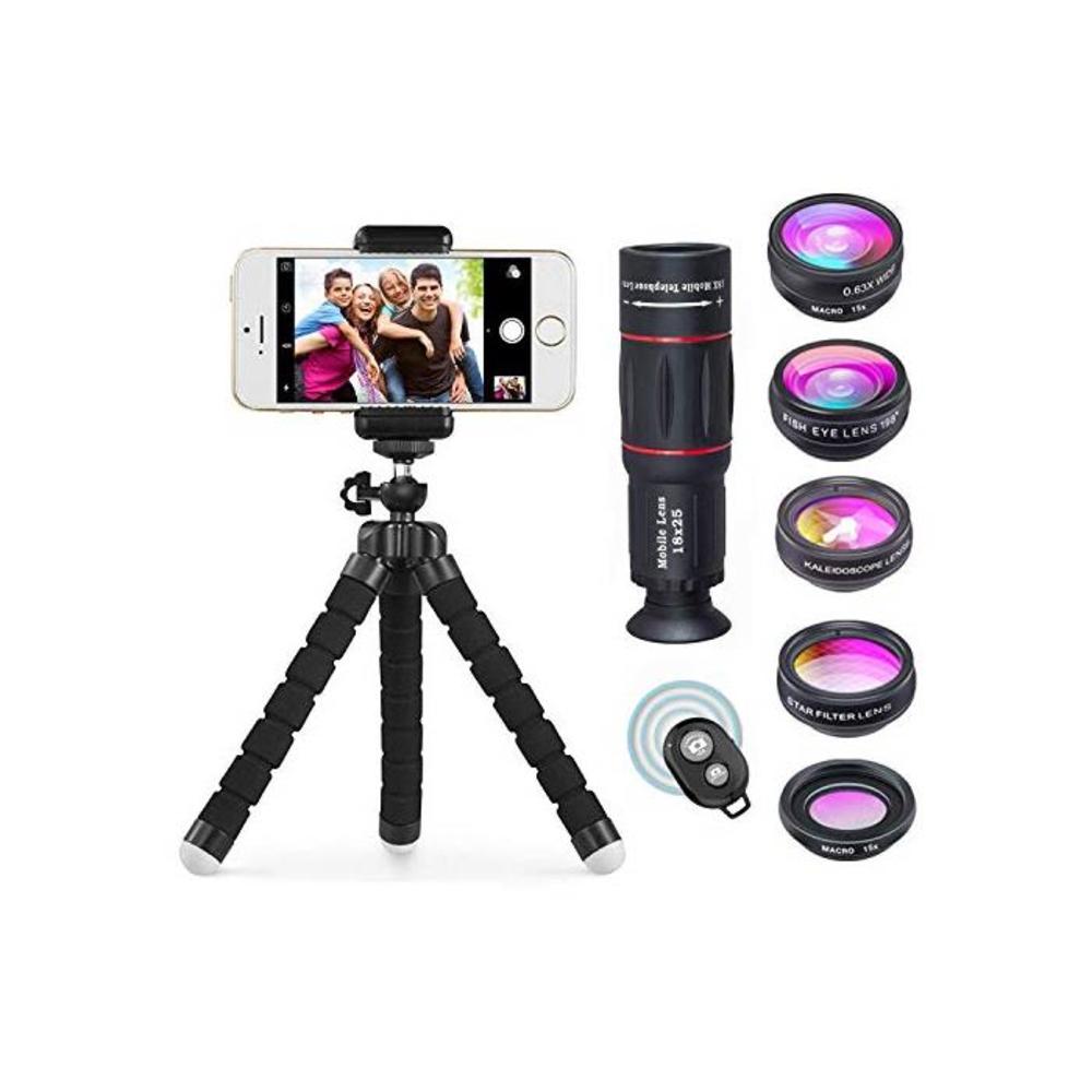 Apexel 8 in 1 Phone Camera Lens Kit 18X Telephoto lens, Wide Angle Lens, Macro Lens, Fisheye, Kaleidoscope Lens, Star Filter for iPhone Samsung Galaxy and Most of Smartphone Remote B07D7STLXL