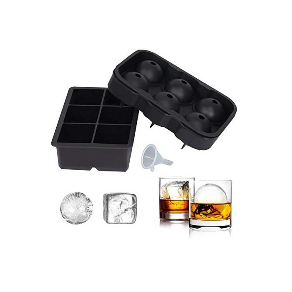SUNSET Silicone Ice Cube Trays – Set of 2 Large Ice Cube Molds Square &amp; Sphere Ice Ball Maker for refrigerator Ice Moulds for Whiskey, Cocktails &amp; more Reusable and BPA Free B086BH726Z