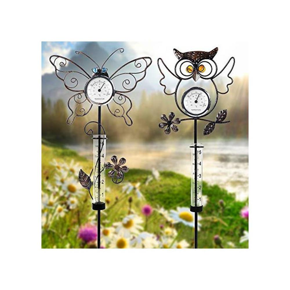 Juegoal 31.5 Inch Rain Gauge with Thermometer, Butterfly &amp; Owl Garden Stakes Decor, Waterproof Rustproof Metal Yard Art Outdoor Lawn Pathway Patio Decorations, Set of 2 B08P4V9X64