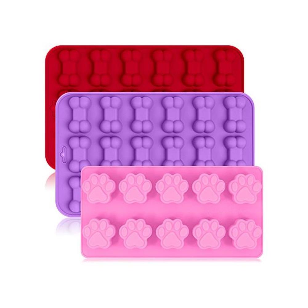 3 Pack Silicone Ice Molds Trays with Puppy Dog Paw and Bone Shape, FineGood Reusable Bakeware Maker for Baking Chocolate Candy, Oven Microwave Freezer Dishwasher Safe - Pink, Red, B074L15M72