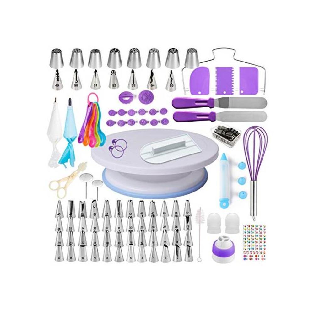 Cake Decorating Supplies Kit for Beginners, Set of 137, Baking Pastry Tools, 1 Turntable stand-55 Numbered Icing Tips with Pattern Chart, Angled Spatula, 8 Russian Piping nozzles-B B07RWNTY2V