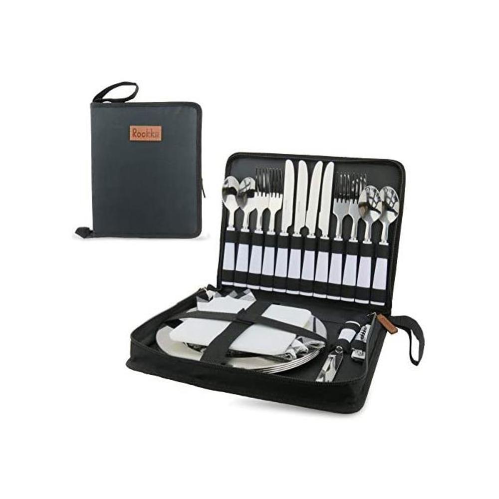 Camping Cutlery Set for 4, 23 Pcs Picnic Set for 4, Food-Grade Stainless Steel Camping Plates and Cutlery, Lightweight Travel Cutlery Set with Case B08NTW149T