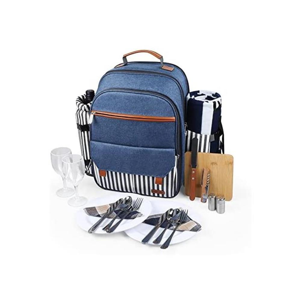 Sunflora Insulated Picnic Backpack for 2 Person Bag with Cooler Compartment, Wine Pouch, Blanket and Stainless Steel Cutlery Set for Couple, Lovers and Friends (Blue &amp; Stripe) B08YDHN5K8