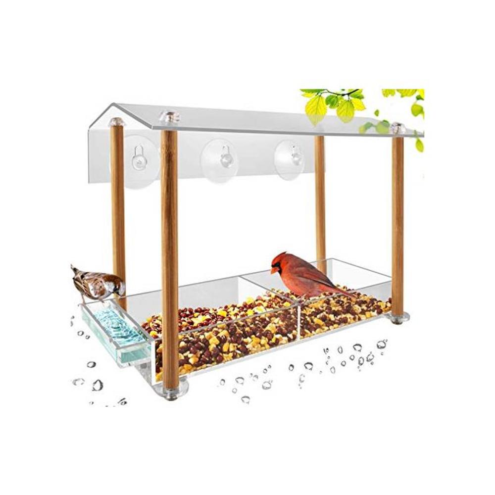 Bird Feeder, Strong Large Size with Suction Cups &amp; Seed Tray, Separate Drinking-Water Sink &amp; Wood Pillar Support, Weatherproof with Shield roof &amp; Drain Hole, Outdoor Acrylic Bird H B07G41G74L