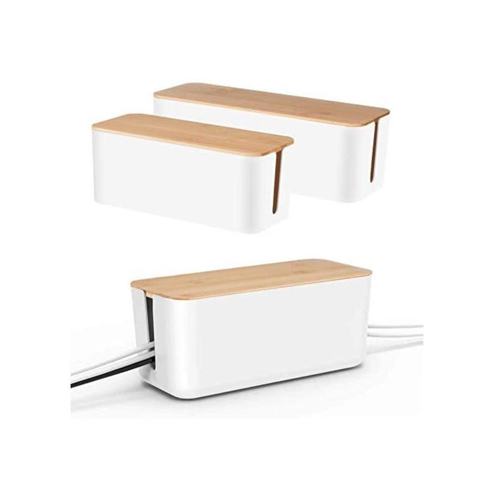 Set of Two Cable Management Box by Baskiss, Bamboo Lid, Cord Organizer for Desk TV Computer USB Hub System to Cover and Hide &amp; Power Strips &amp; Cords (White) B08G1G7G3K