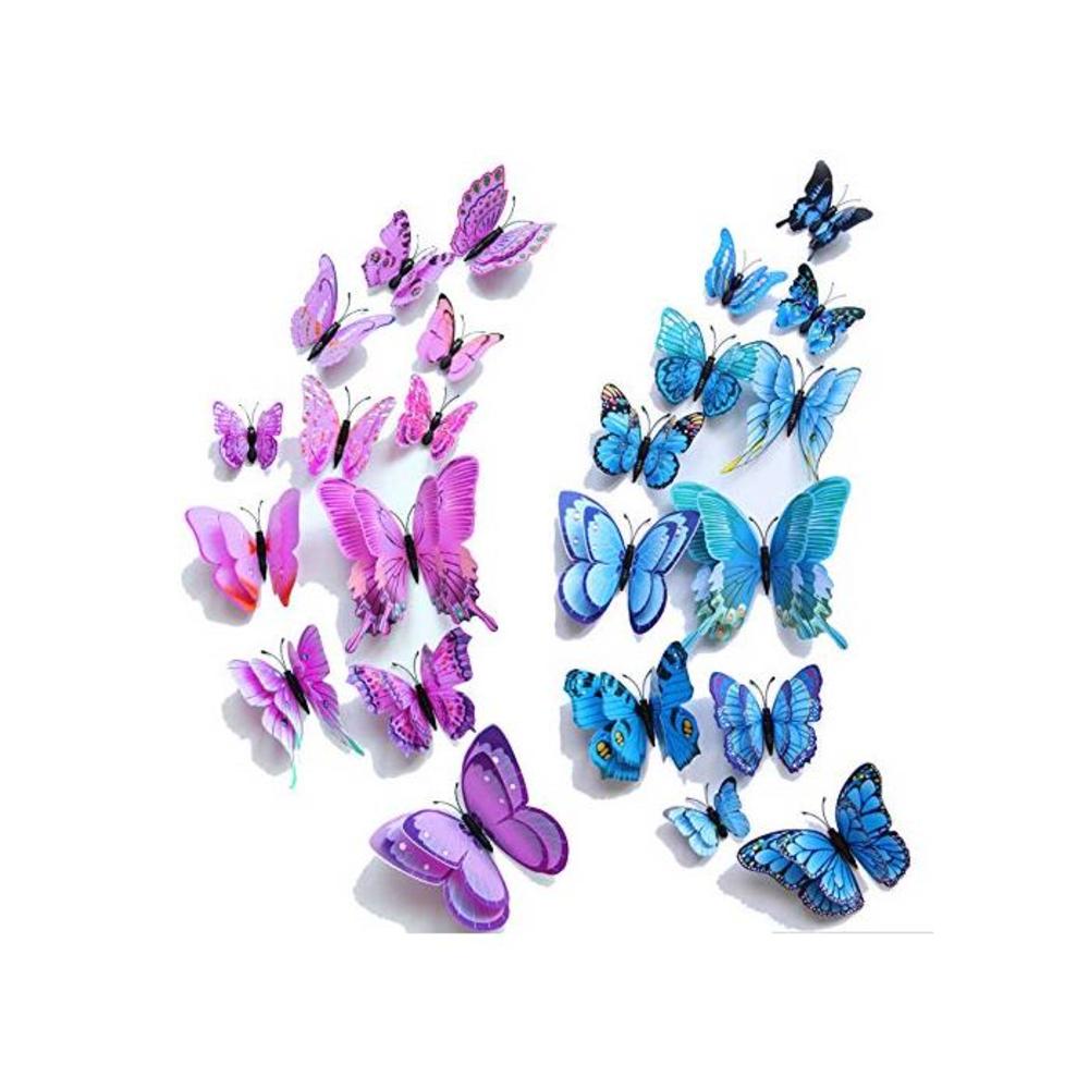 Nursery Wall Stickers,【Double Wings】 T Tersely 24 Pack Blue + Purple 3D Butterfly Wall Removable Sticker Decals, Home Decoration Wall Stickers for Wall Decor Home Decor Wall Art Ki B082SP3MYC