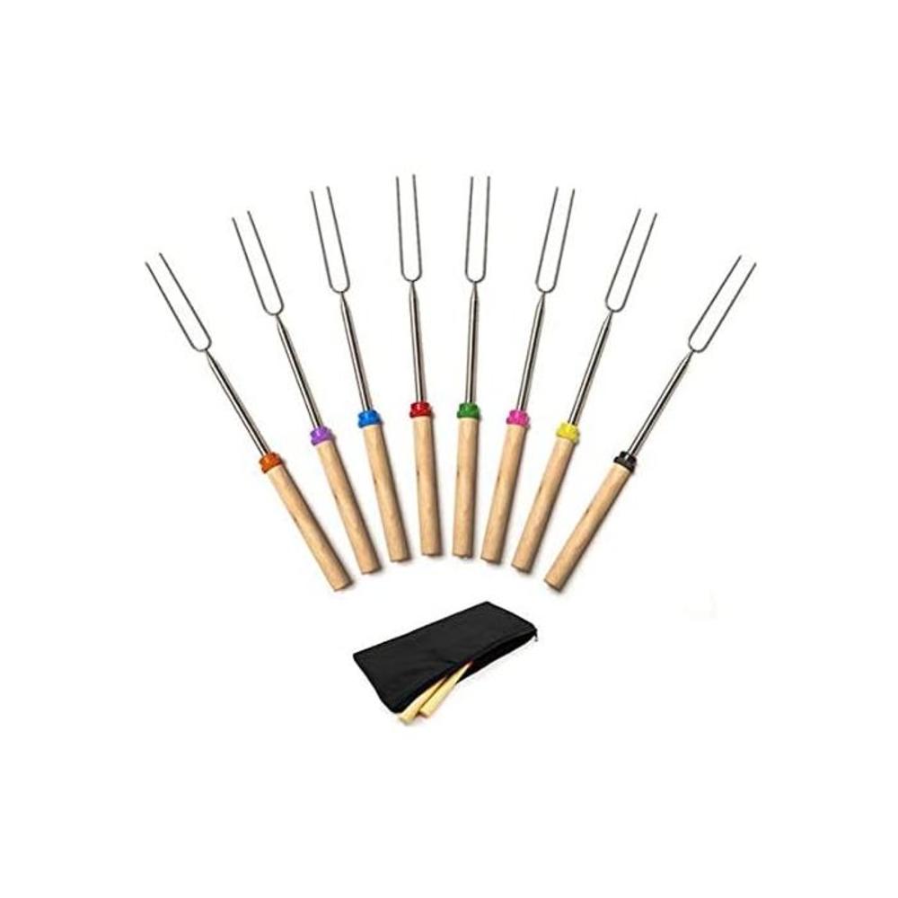 Mesheshe 8PCS Extendable Stainless Steel Roasting Sticks with Storage Bag, 32-Inch Telescopic BBQ Forks with Wooden Handle for Outdoor Barbecue Grill and Campfire B094913KMK