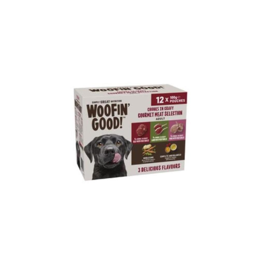 Woofin Good Chunks In Gravy Mixed Selection Beef Lamb &amp; Pork Dog Food Pouches 12 pack 3702310P