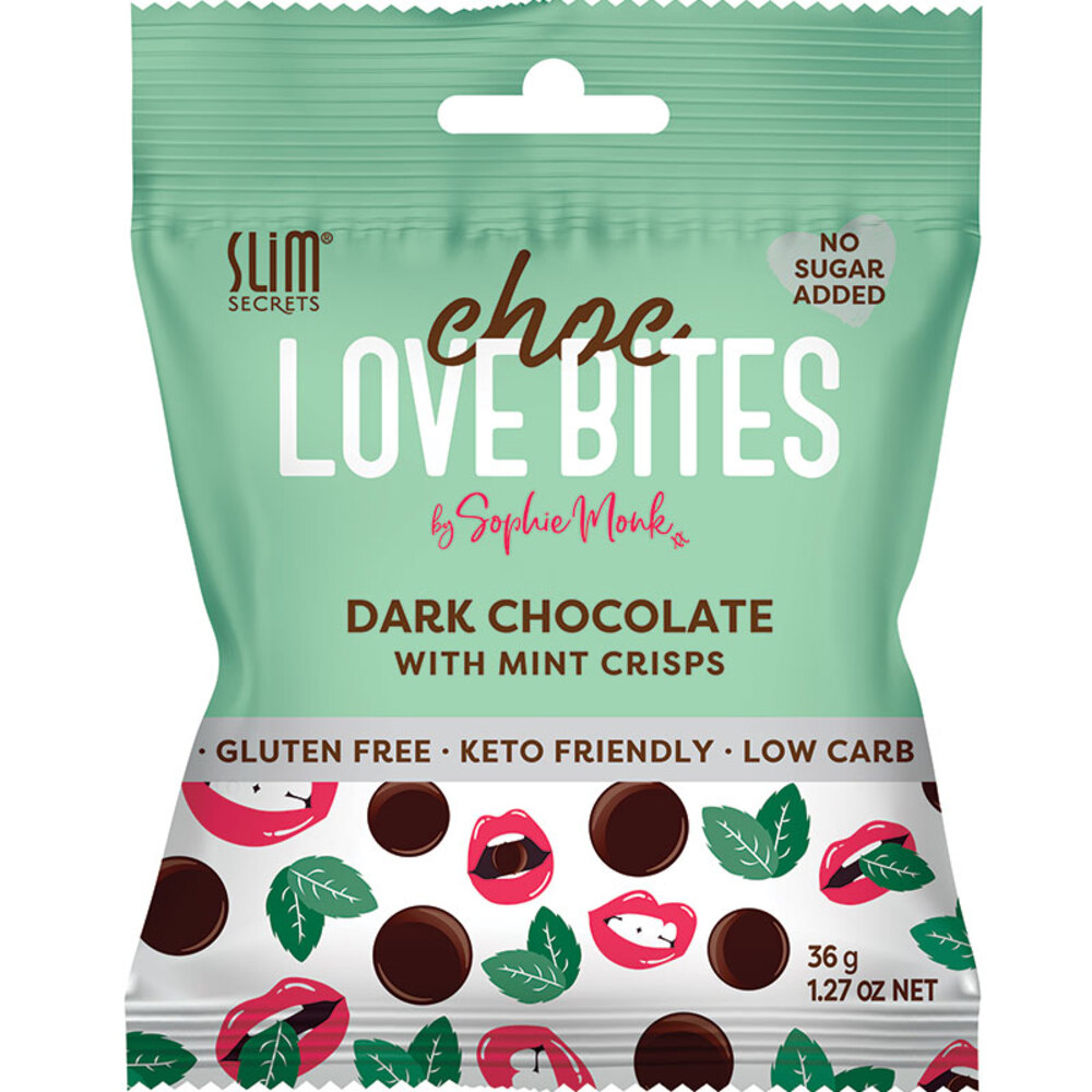 슬림 시크릿 초코 러브 바이트 다크 초콜릿 and 민트 36g Slim Secrets Choc Love Bites Dark Chocolate and Mint 36g